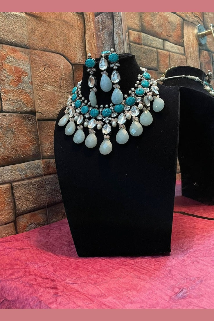 "Rani Necklace"Natural Stone Set in Polki with Carved Stone