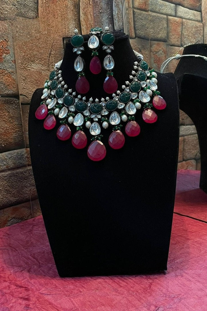 "Rani Necklace"Natural Stone Set in Polki with Carved Stone
