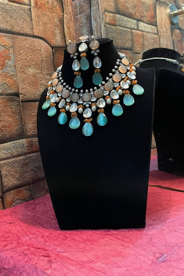 "Rani Necklace"Natural Stone Set in Polki with Carved Stone