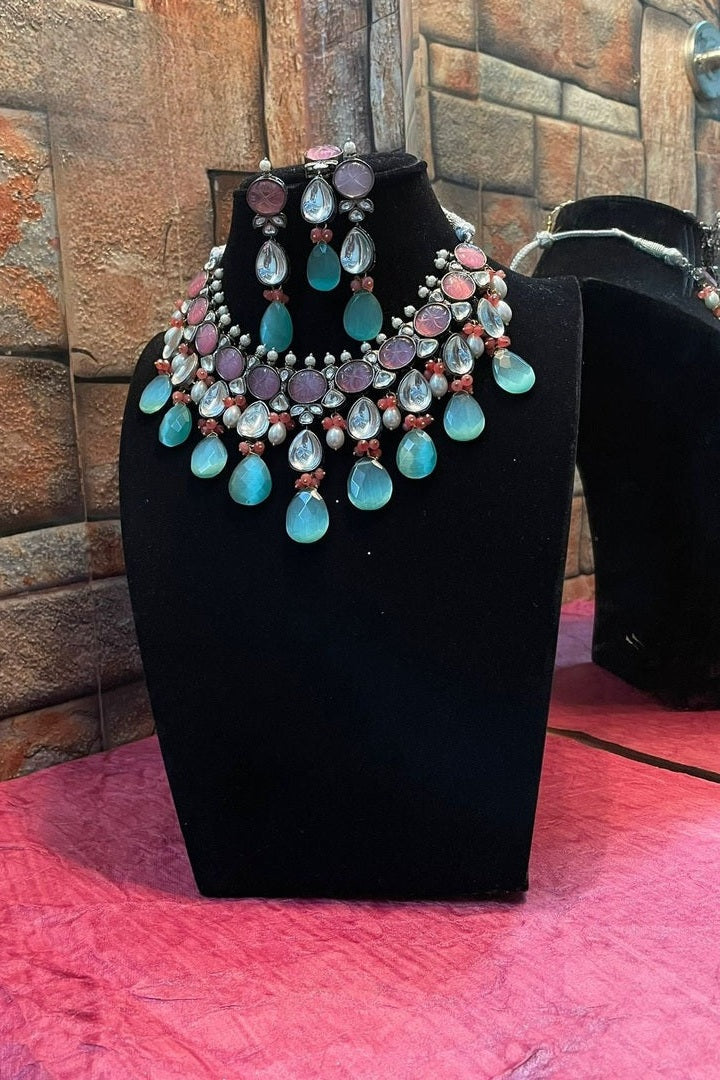 "Rani Necklace"Natural Stone Set in Polki with Carved Stone