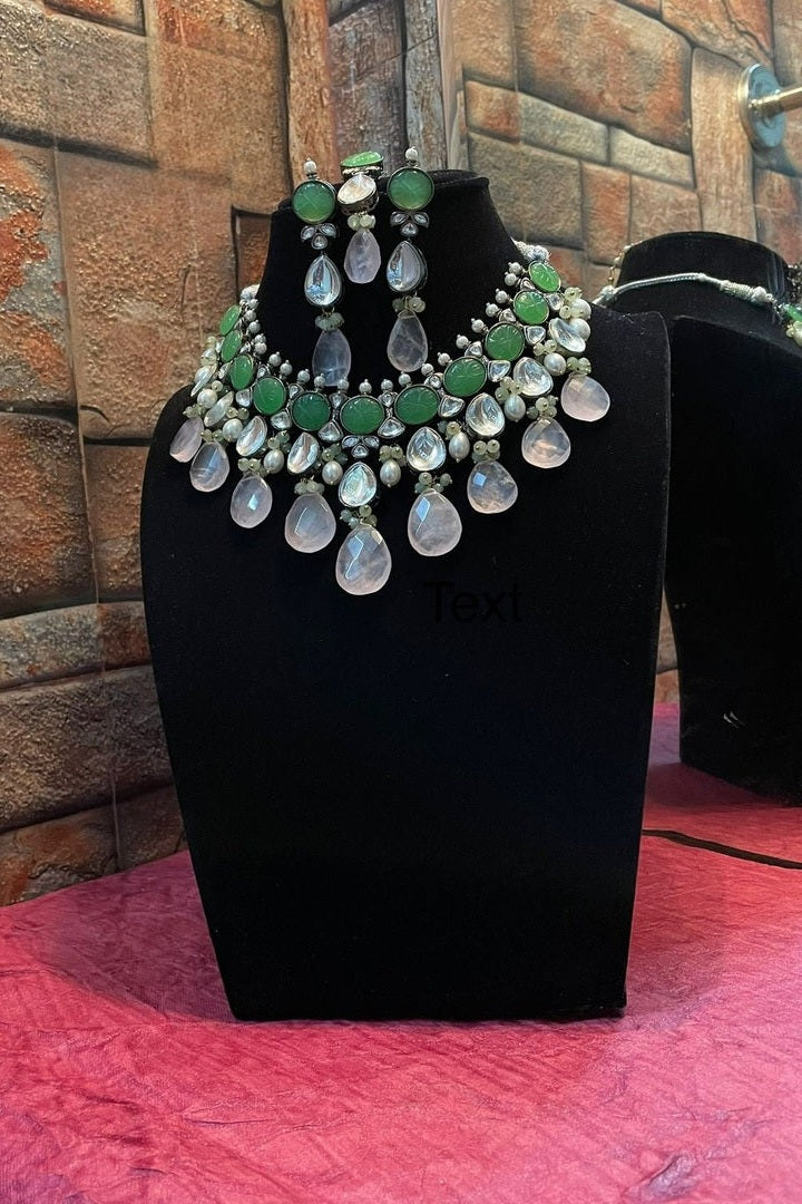 "Rani Necklace"Natural Stone Set in Polki with Carved Stone