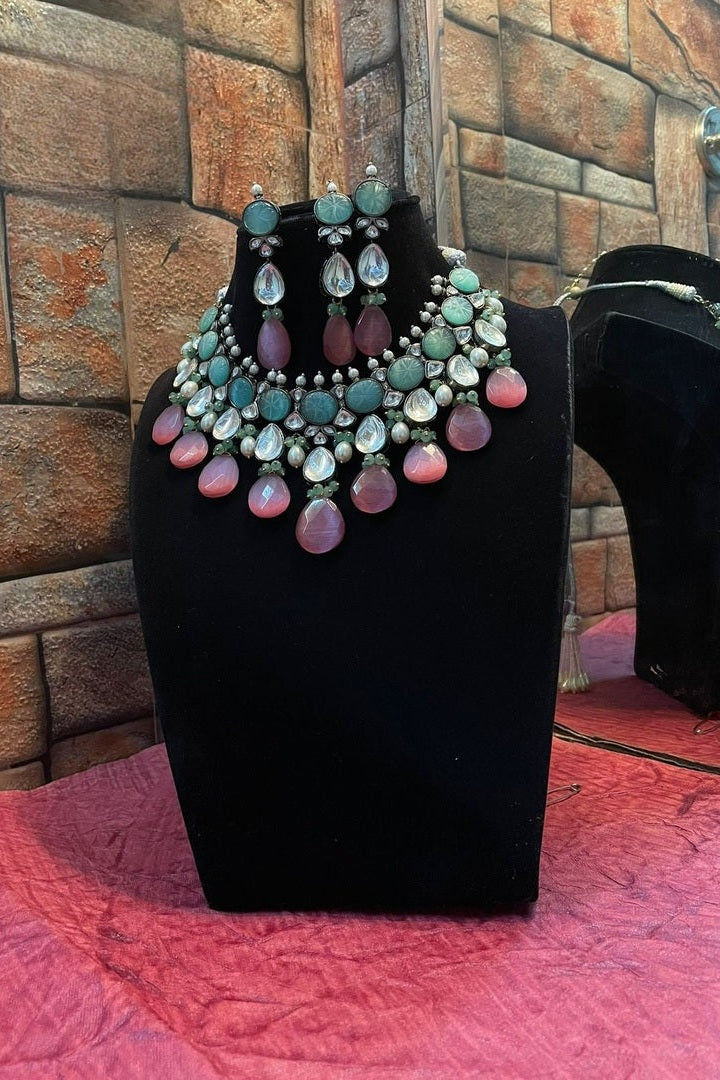 "Rani Necklace"Natural Stone Set in Polki with Carved Stone