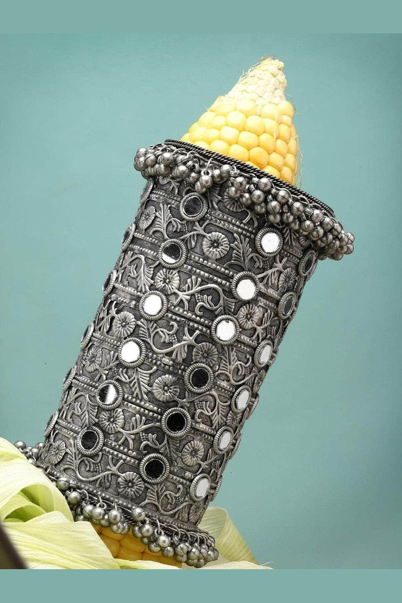 Ramila Silver-Plated Mirror Studded Oxidised Long Cuff Bracelet