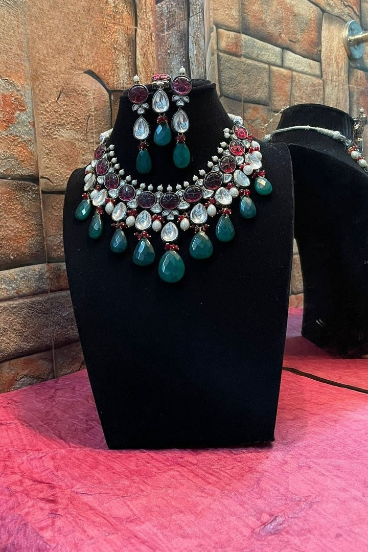 "Rani Necklace"Natural Stone Set in Polki with Carved Stone