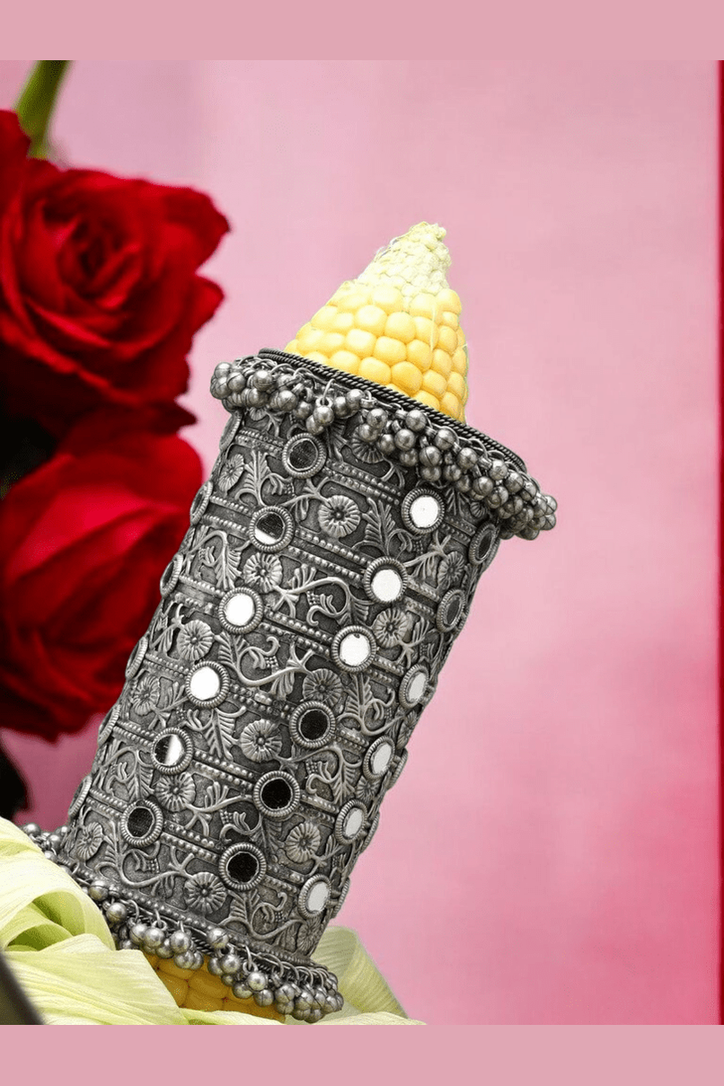 Ramila Silver-Plated Mirror Studded Oxidised Long Cuff Bracelet