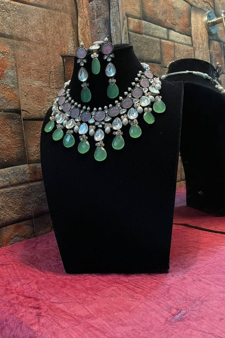 "Rani Necklace"Natural Stone Set in Polki with Carved Stone