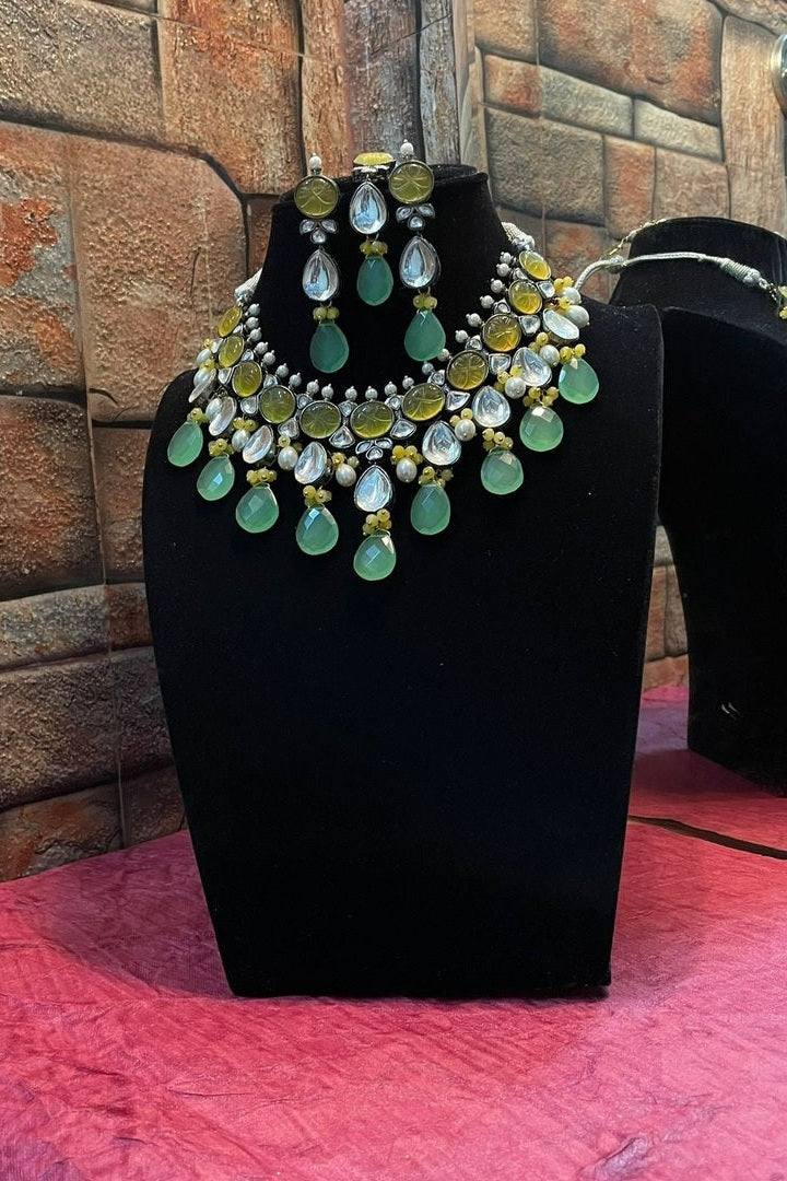 "Rani Necklace"Natural Stone Set in Polki with Carved Stone