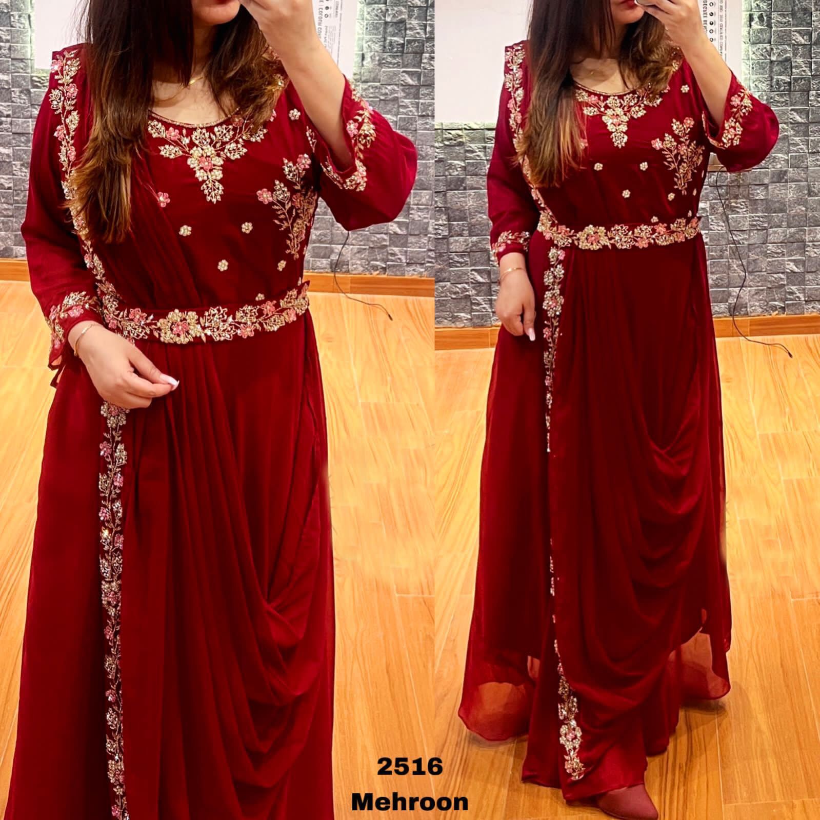 Rutba Khan Indo Western Saree Style Gown Ready To Drape Wine Berry