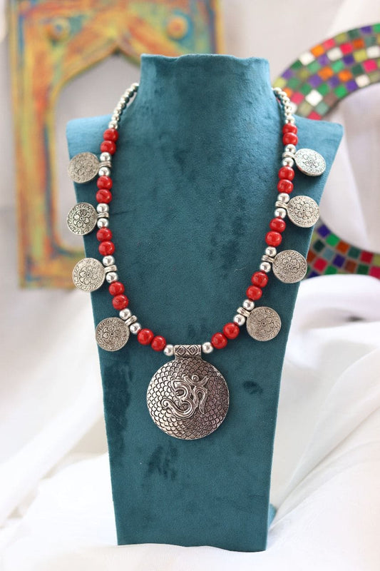 Red Coral Beaded Aum Vintage Necklace