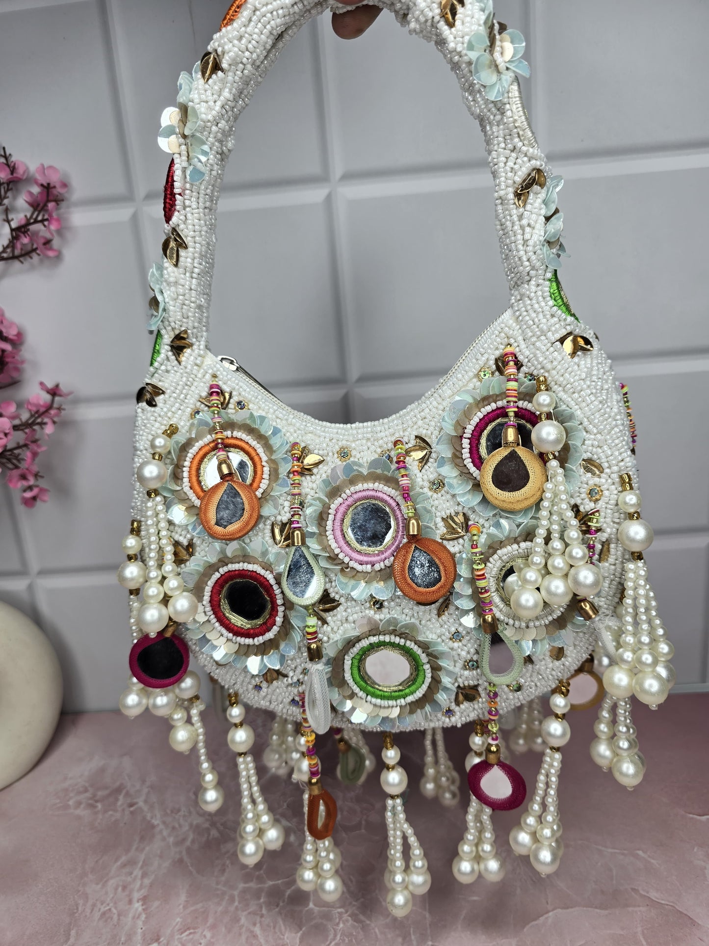 White pearl mirror bag