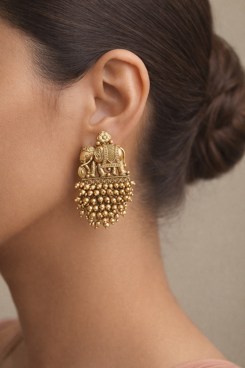 Maneka Antique Matte Finish Elephant Jhumka Earrings
