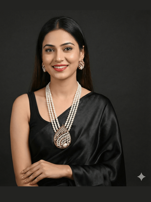 Pragati Real Freshwater Pearl & Shell Pearl Triple-Layer Necklace Set with Statement Pendant