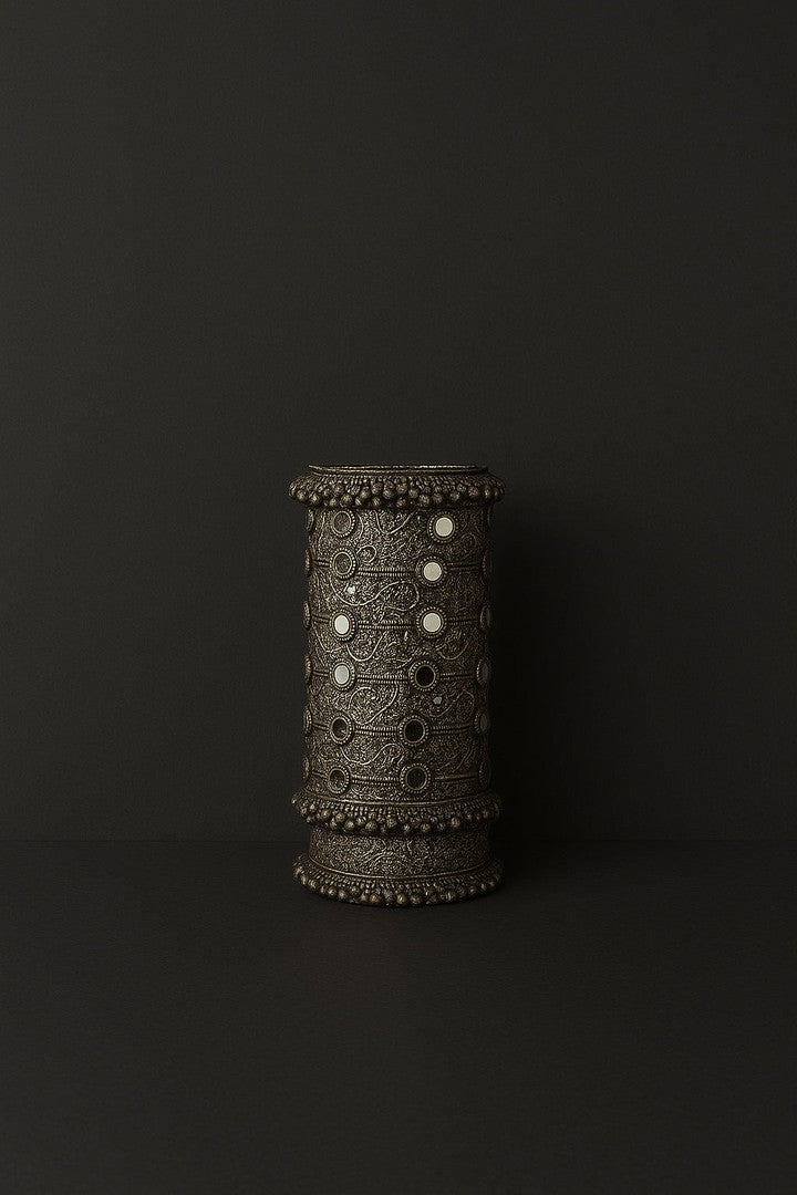 Ramila Silver-Plated Mirror Studded Oxidised Long Cuff Bracelet