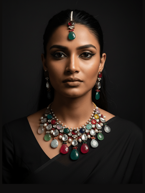"Rani Necklace"Natural Stone Set in Polki with Carved Stone