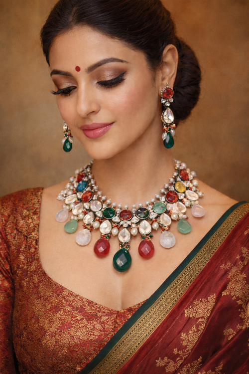 Rani Necklace - Natural Stone Set in Polki with Carved Stone