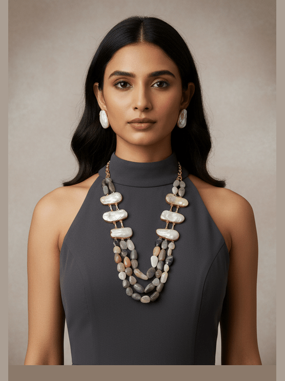 Real Pearl-Celeste Baroque Pearl & Natural Stone Set- Elegant Ethnic Jewelry for All Occasions