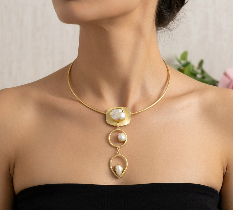 Real Pearl Capri Necklace - Elegant Brass & Golden Finish