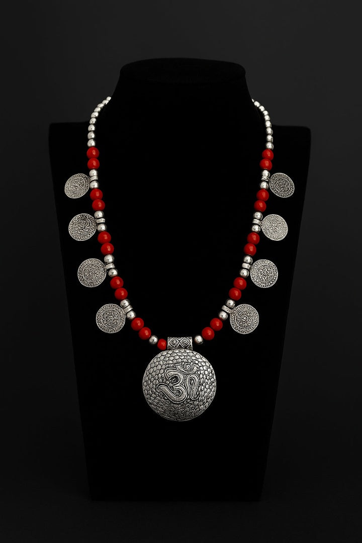 Red Coral Beaded Aum Vintage Necklace