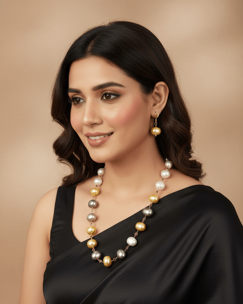 Sonalika Mala Set - Elegant Brass Jewelry with Shell Pearls