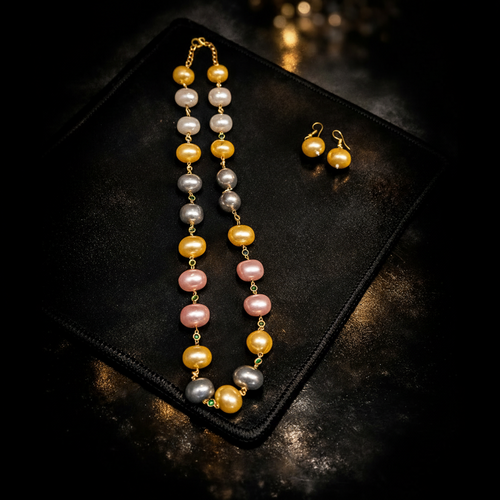Sonalika Mala Set - Elegant Brass Jewelry with Shell Pearls