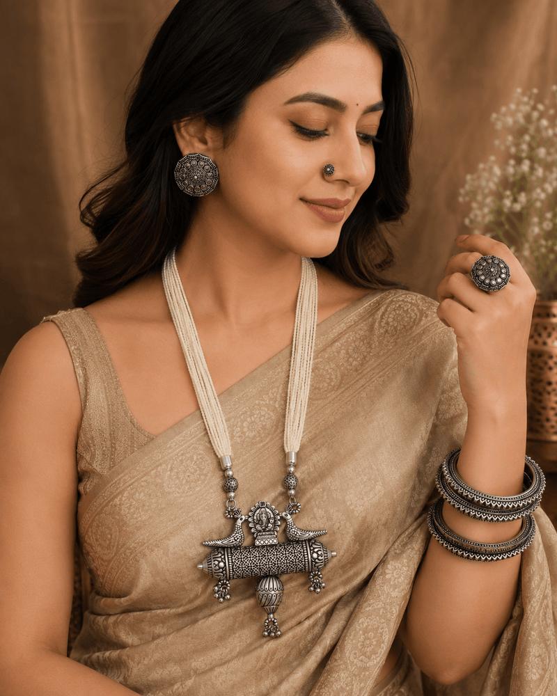 Aganya kreation Artisan Oxidised Silver Peacock Pendant High quality combo set