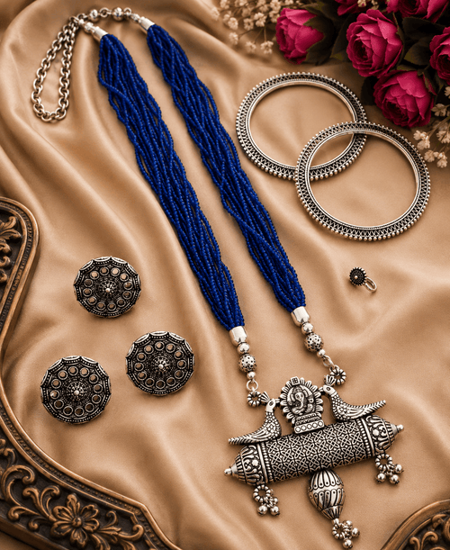 Aganya kreation Artisan Oxidised Silver Peacock Pendant High quality combo set Dark blue / 2.6 (1 bangle pair)