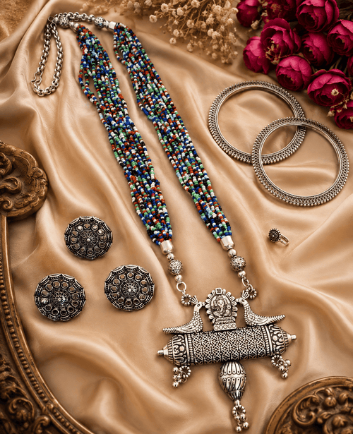 Aganya kreation Artisan Oxidised Silver Peacock Pendant High quality combo set Multicolour / 2.6 (1 bangle pair)
