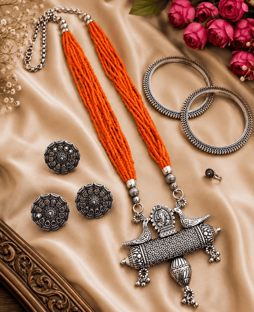 Aganya kreation Artisan Oxidised Silver Peacock Pendant High quality combo set Orange / 2.6 (1 bangle pair)