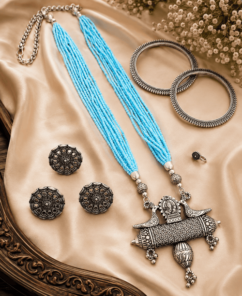 Aganya kreation Artisan Oxidised Silver Peacock Pendant High quality combo set Sky blue / 2.6 (1 bangle pair)