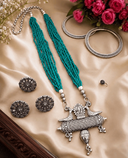 Aganya kreation Artisan Oxidised Silver Peacock Pendant High quality combo set Turquoise blue / 2.6 (1 bangle pair)