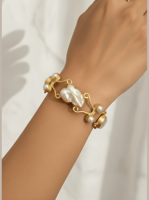 Elegant Rakshika Real Pearl Bangles with baroque pearls in 18k gold plated brass by Aganya Kreation