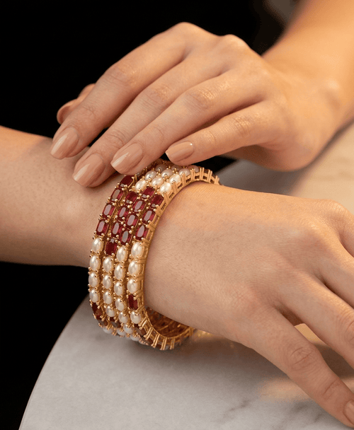 Aganya kreation Bangles Jagvi Real Pearl Bangles - Elegant Brass & Golden Finish