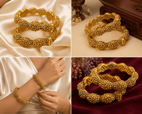 Aganya kreation Bangles Oorvisha Antique Gold Look Floral Openable Bangles for Women | Traditional Temple Style Kada Pair