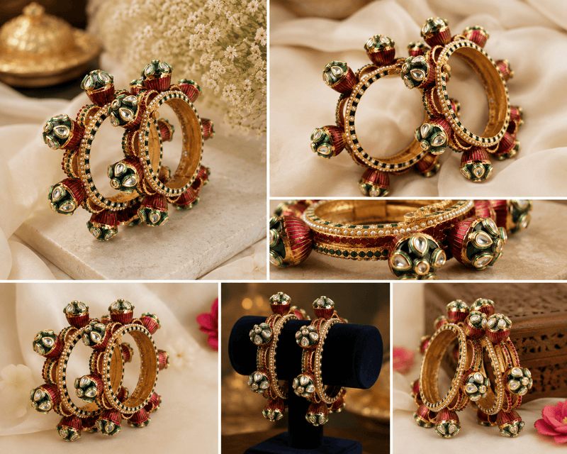 Aganya kreation Bangles Rajwadi Kundan Meenakari Openable Bangles for Women – Red Green Designer Traditional Kada