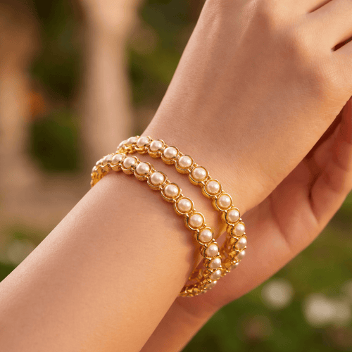 Real Pearl Indrani Bangles with freshwater pearls in 22k gold plated pure brass by Aganya Kreation, sizes 2.4 to 2.10