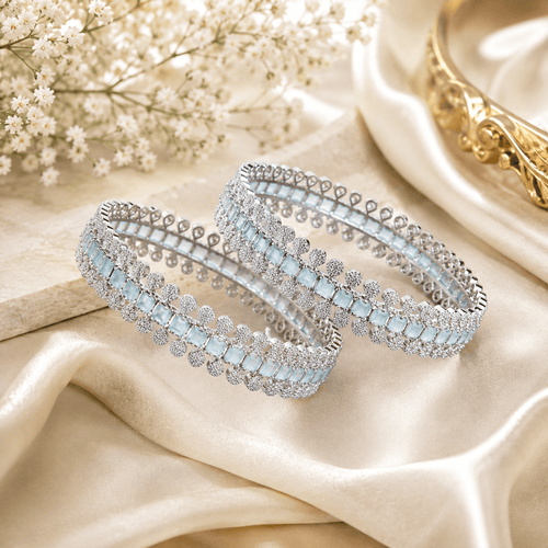 Aganya kreation Bangles Rhodium Plated American Diamond Beaded Halo Designer Bangles — Mint Green Rhodium palted / 2.4