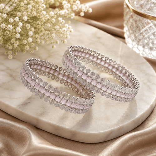 Aganya kreation Bangles Rhodium Plated American Diamond Beaded Halo Designer Bangles — Pink Rhodium plated / 2.4