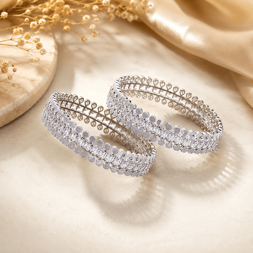Aganya kreation Bangles Rhodium Plated American Diamond Beaded Halo Designer Bangles — White Rhodium plated / 2.4