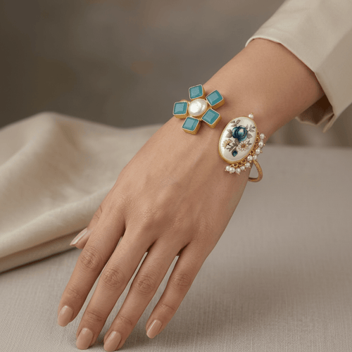 Ikshita Real Pearl Bracelet by Aganya Kreation — 22k gold-plated brass bracelet with real baroque freshwater pearls, hand-painted Japanese rose pearls and monalisa stone accents, adjustable 2.4 to 2.10