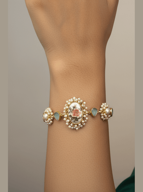 Sobita Real Pearl Bracelet by Aganya Kreation — adjustable 22k gold-plated pure brass bracelet with genuine freshwater pearls and hand-painted Japanese pearls with rose motif