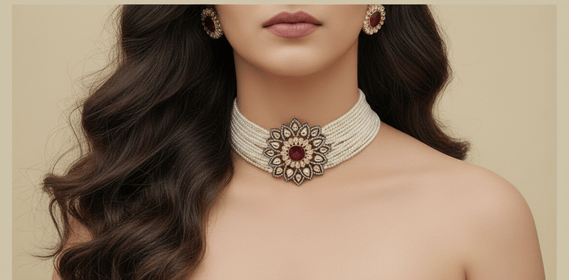 Aganya kreation Bridal Set Era Set - Ethnic & Western Jewelry with Kundan and Ruby Stones Maroon red and white