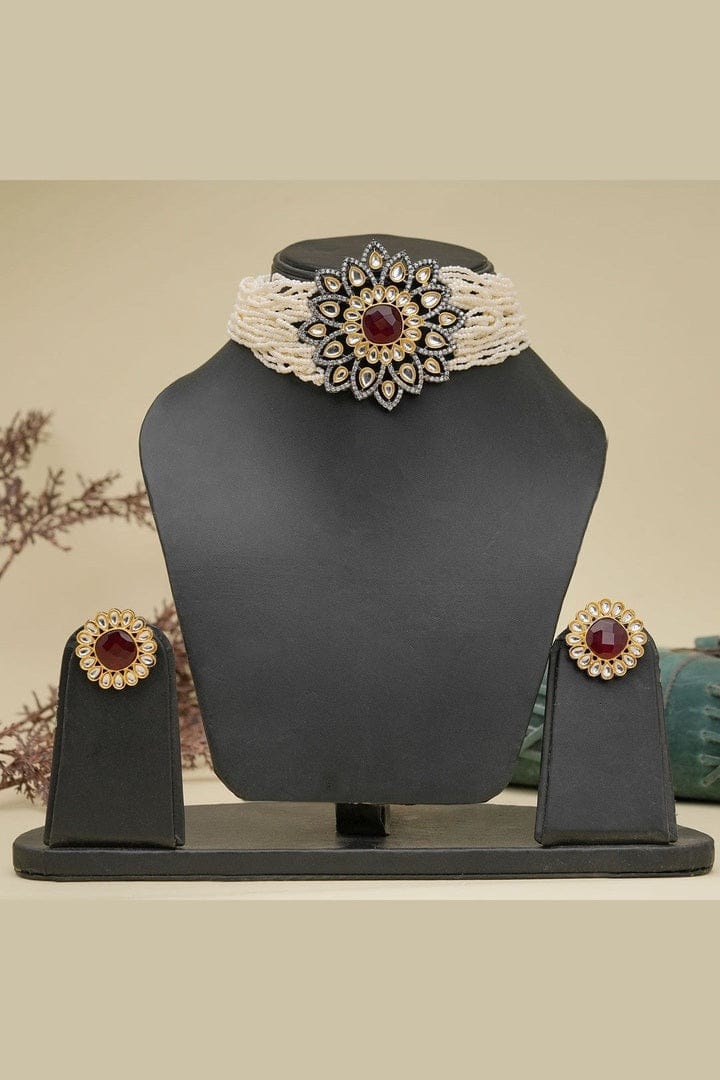 Aganya kreation Bridal Set Era Set - Ethnic & Western Jewelry with Kundan and Ruby Stones Maroon red and white