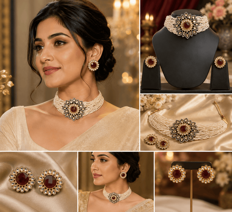Aganya kreation Bridal Set Era Set - Ethnic & Western Jewelry with Kundan and Ruby Stones Maroon red and white