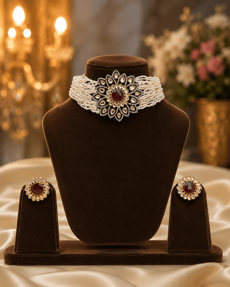 Aganya kreation Bridal Set Era Set - Ethnic & Western Jewelry with Kundan and Ruby Stones Maroon red and white
