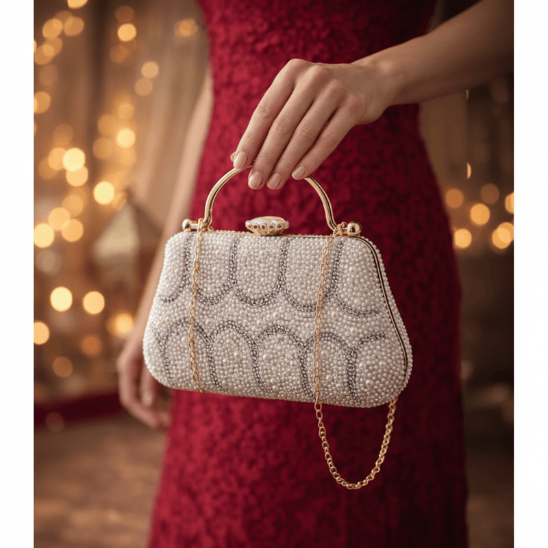 Adele Vintage Pearl Evening Clutch Bag in satin with faux pearls and crystal embellishments by Aganya Kreation