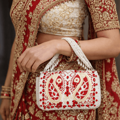 Aganya kreation Clutches Bridal Embroidered Flap Clutch - Elegant Pearl Purse