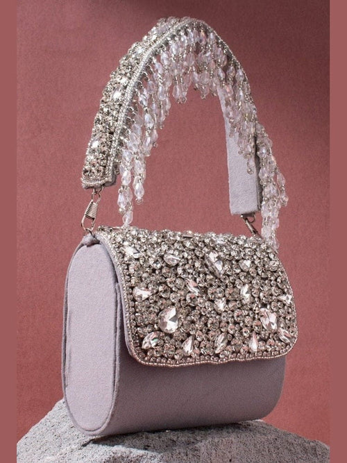 Aganya kreation Clutches Cynthia Clutch - Designer Mini Flap Clutch with Stone Work Grey