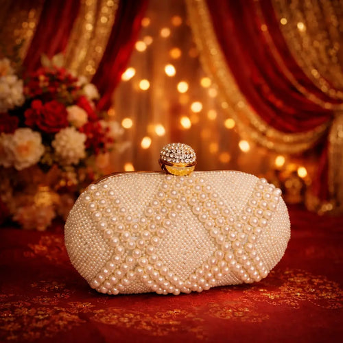 Aganya kreation Clutches Elegant Jiara Pearl Clutch for Brides and Special Occasions Style