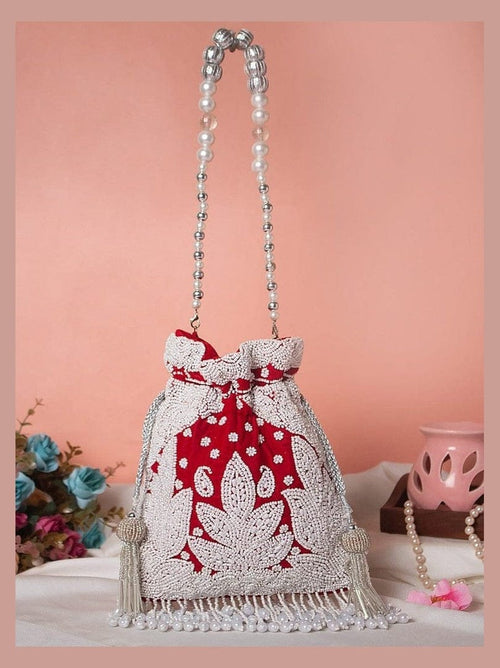 Aganya kreation Clutches Elegant Vaidehi Potli - Stylish Pearl Bag for Any Occasion Red
