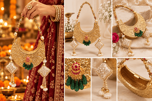 Aganya kreation Clutches Rabab Gold Embellished Designer Bridal Clutch with Pearl Tassels